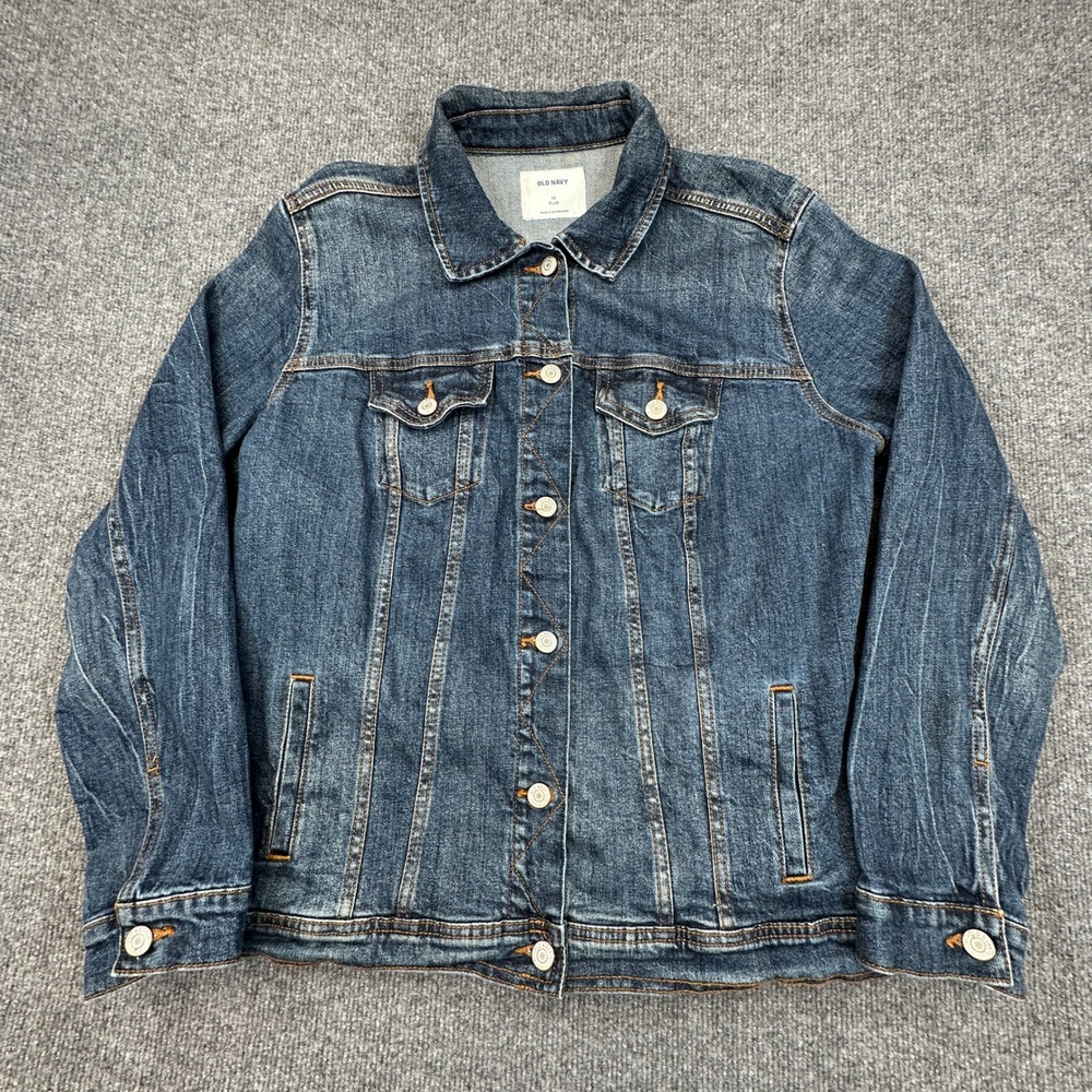 Old Navy Denim Trucker Jacket Womens 1X Plus Blue Classic Dark Authentic Stretch